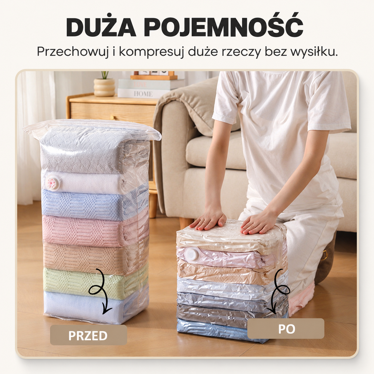 Duża pojemność przed i po kompresji