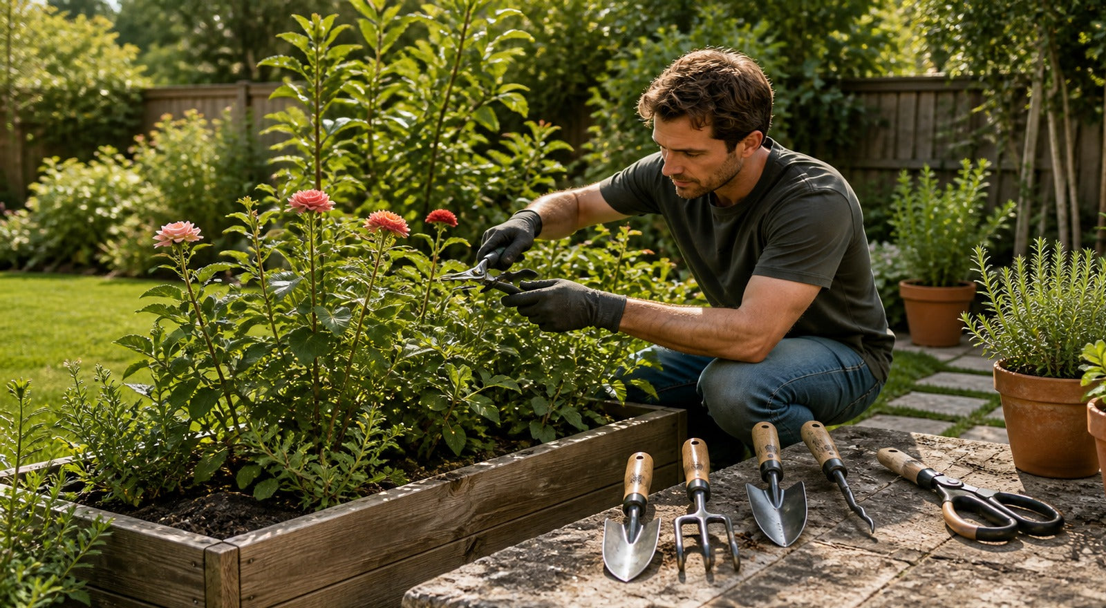 Gardener pruning in a sunny backyard